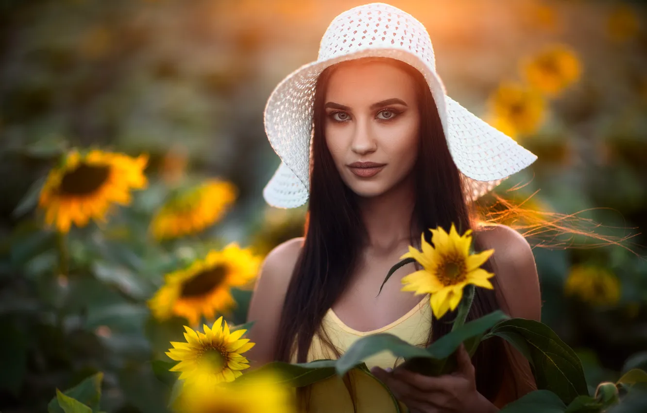Photo wallpaper girl, sunflowers, hat, dress, Chavdar Dimitrov