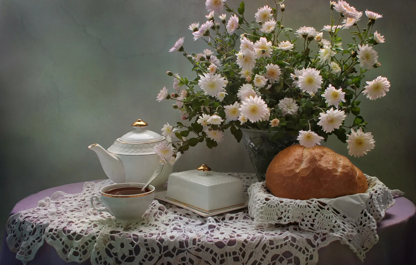Photo wallpaper flowers, tea, still life, chrysanthemum, December, porcelain