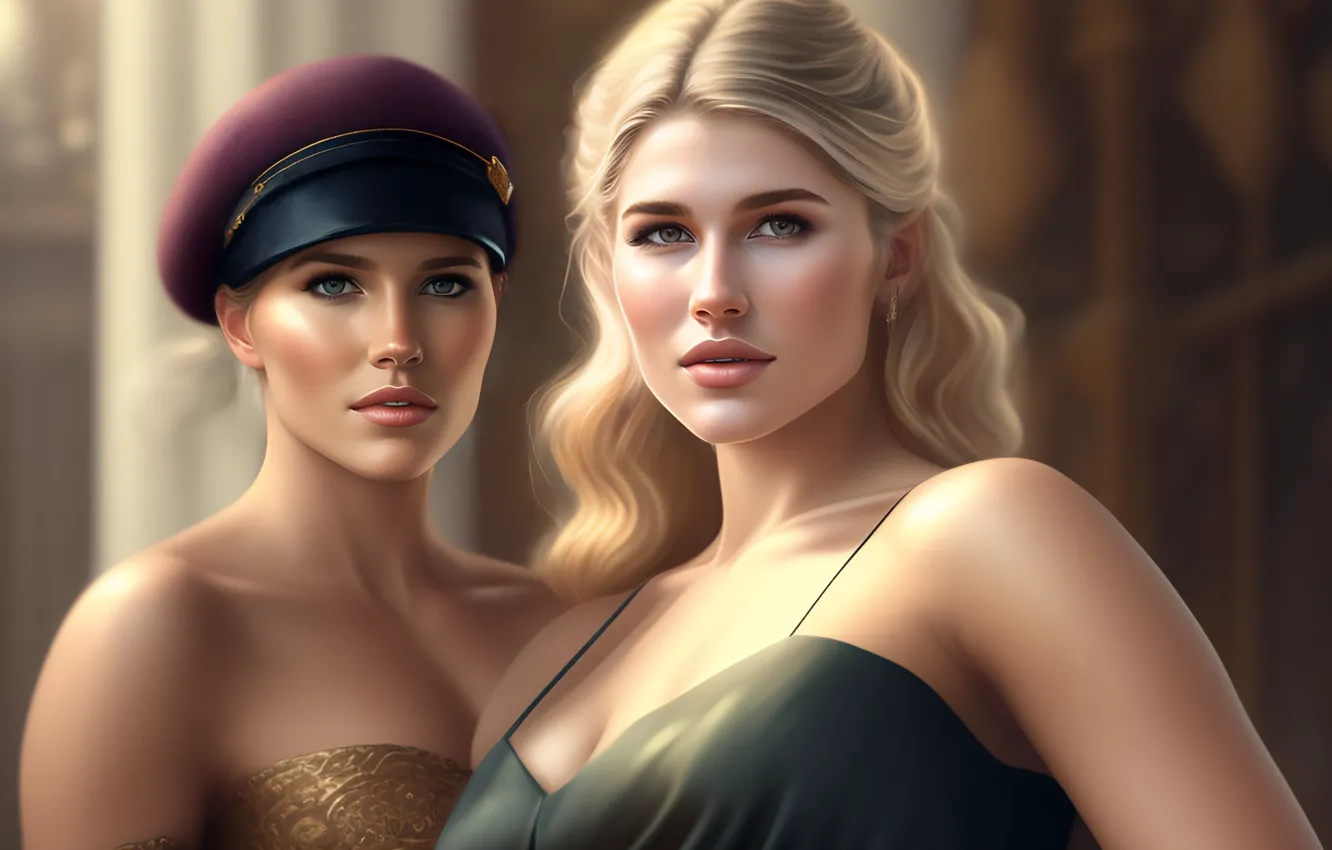 Photo wallpaper look, girl, blonde, two, digital art, AI art, The Art of Artificial Intelligence, neural network