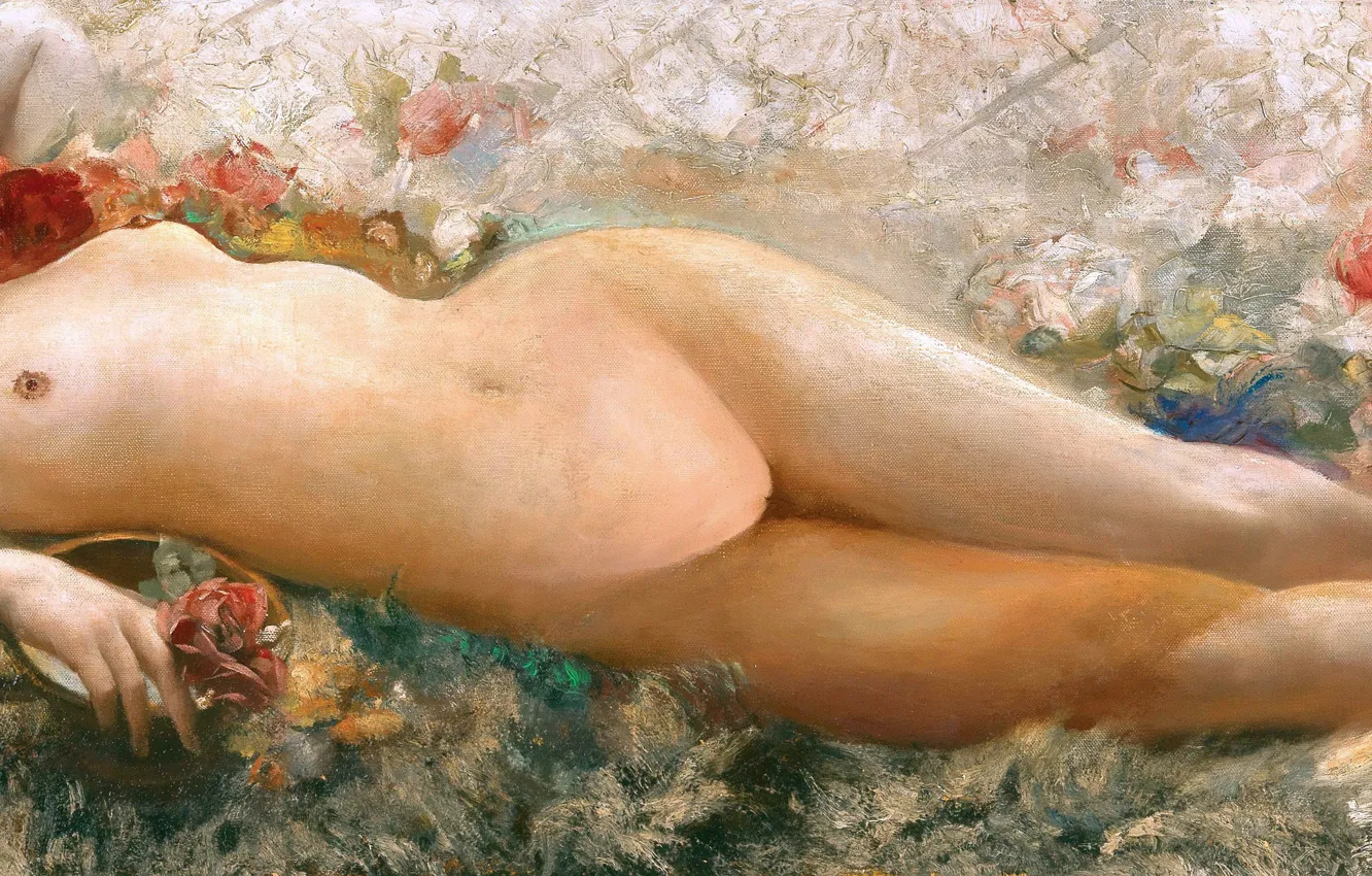 Photo wallpaper girl, flowers, picture, naked, Austrian artist, A young beauty on a bed of flowers, Eduard …