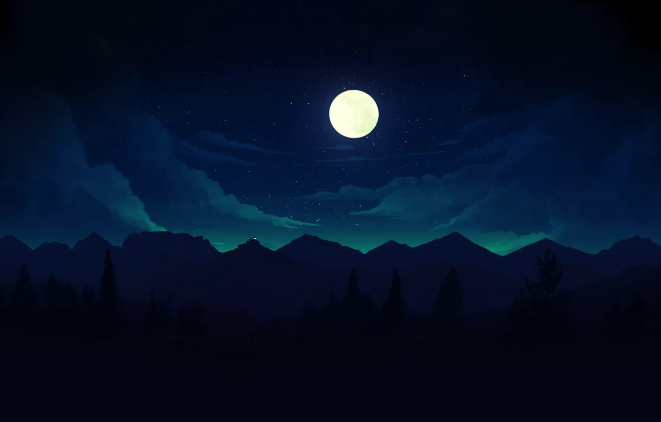 Photo wallpaper Mountains, Night, Stars, The game, The moon, Forest, View, Hills