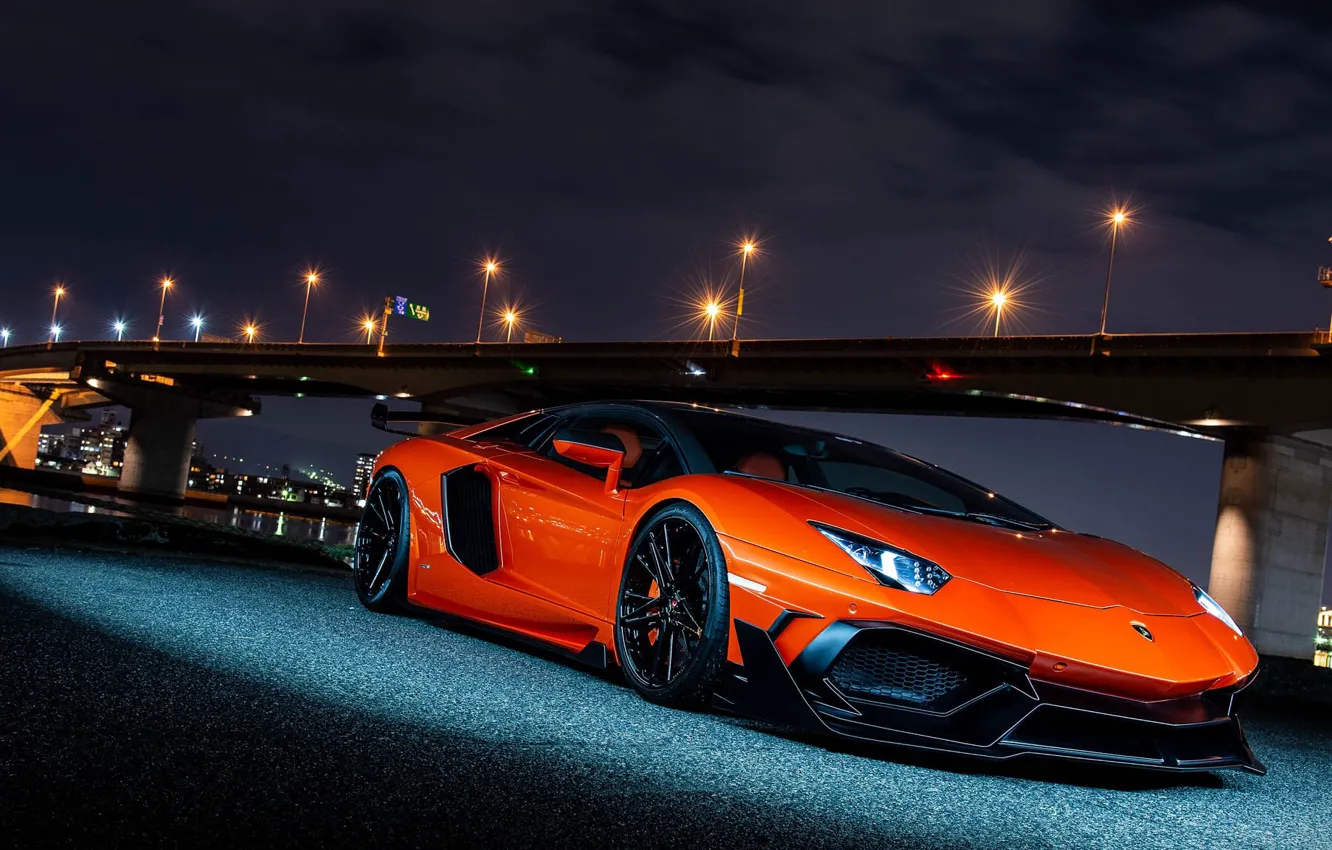 Photo wallpaper Lamborghini, Orange, Bridge, Lights, Night, Aventador, VAG