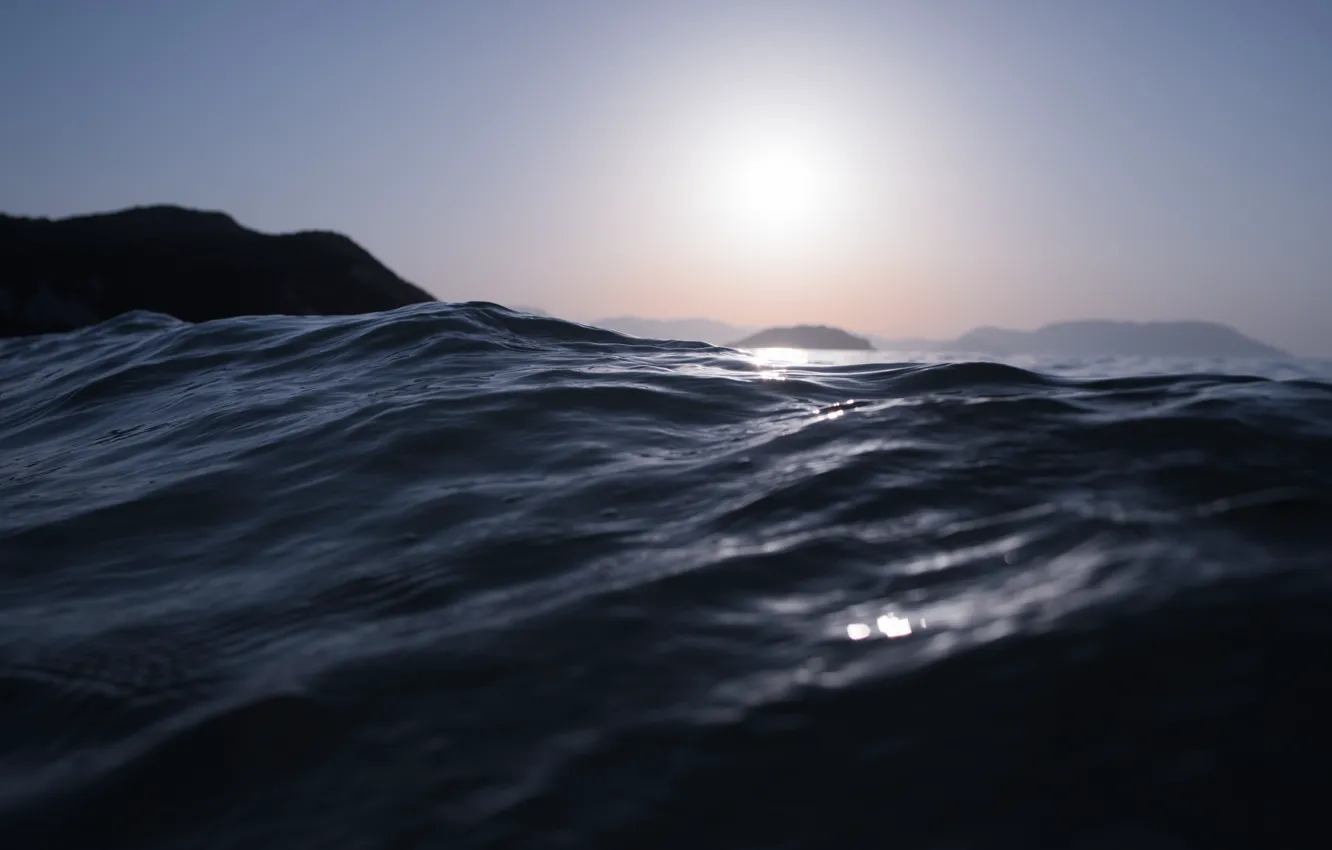 Photo wallpaper sea, wave, water, the sun, morning, haze