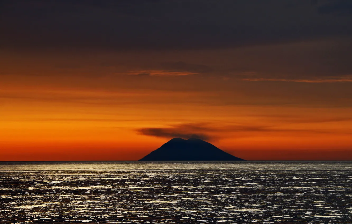 Photo wallpaper sea, island, the volcano, Italy, glow, Stromboli