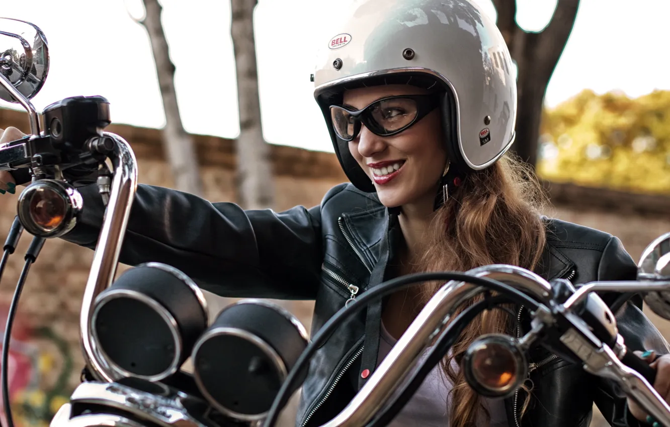 Photo wallpaper girl, face, smile, motorcycle, helmet, leather jacket