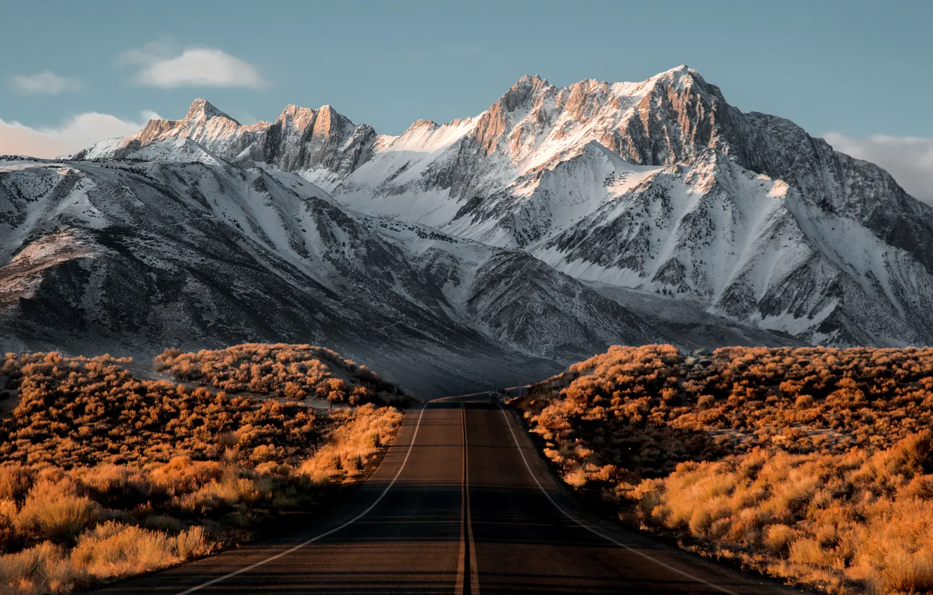 Photo wallpaper road, landscape, nature, water, California, mountains, snow, asphalt
