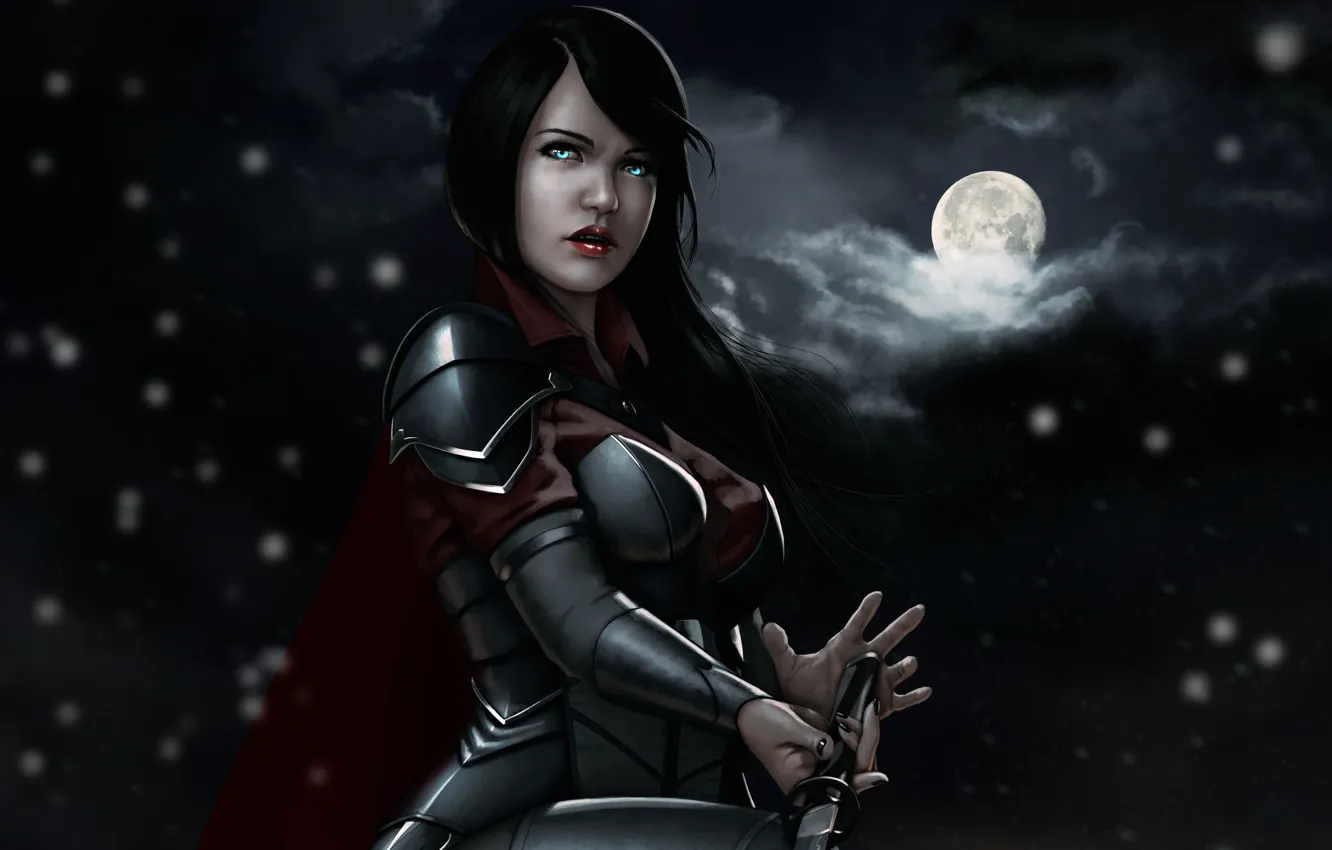 Photo wallpaper the sky, girl, the full moon, art, snow, night, the moon