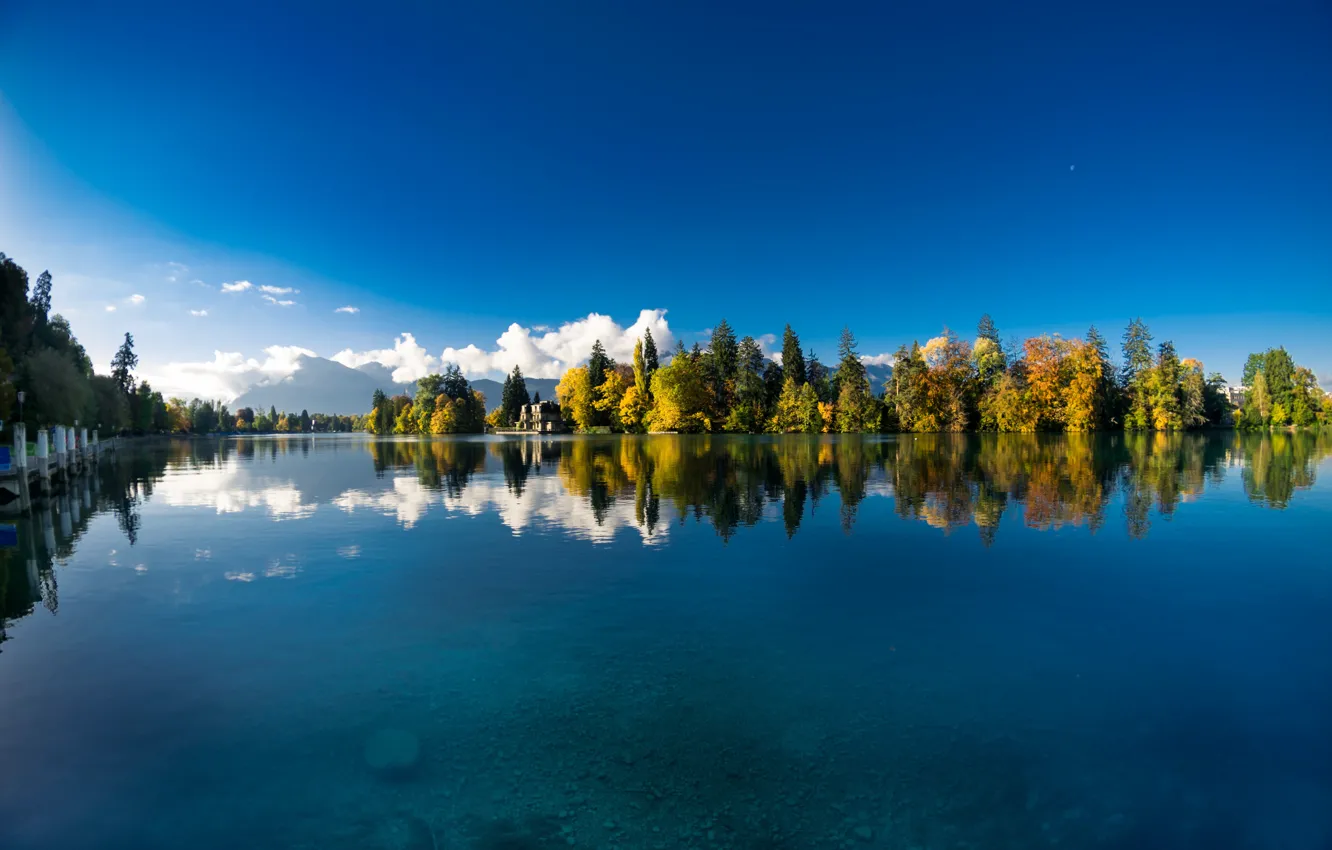 Photo wallpaper autumn, water, trees, reflection, river, Switzerland, Switzerland, Aare river
