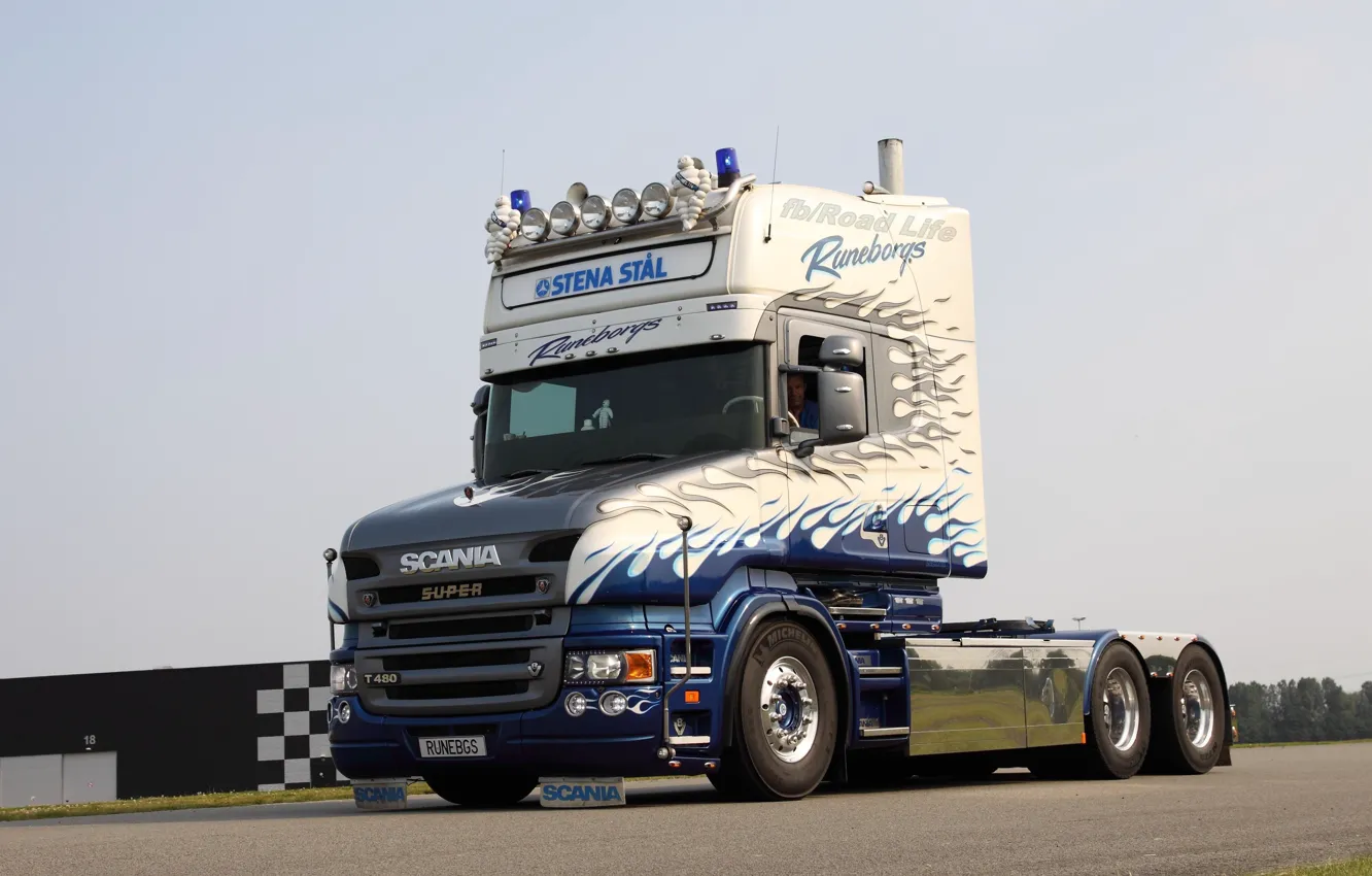Photo wallpaper Blue, White, Truck, Scania, Road, Scania T, T480