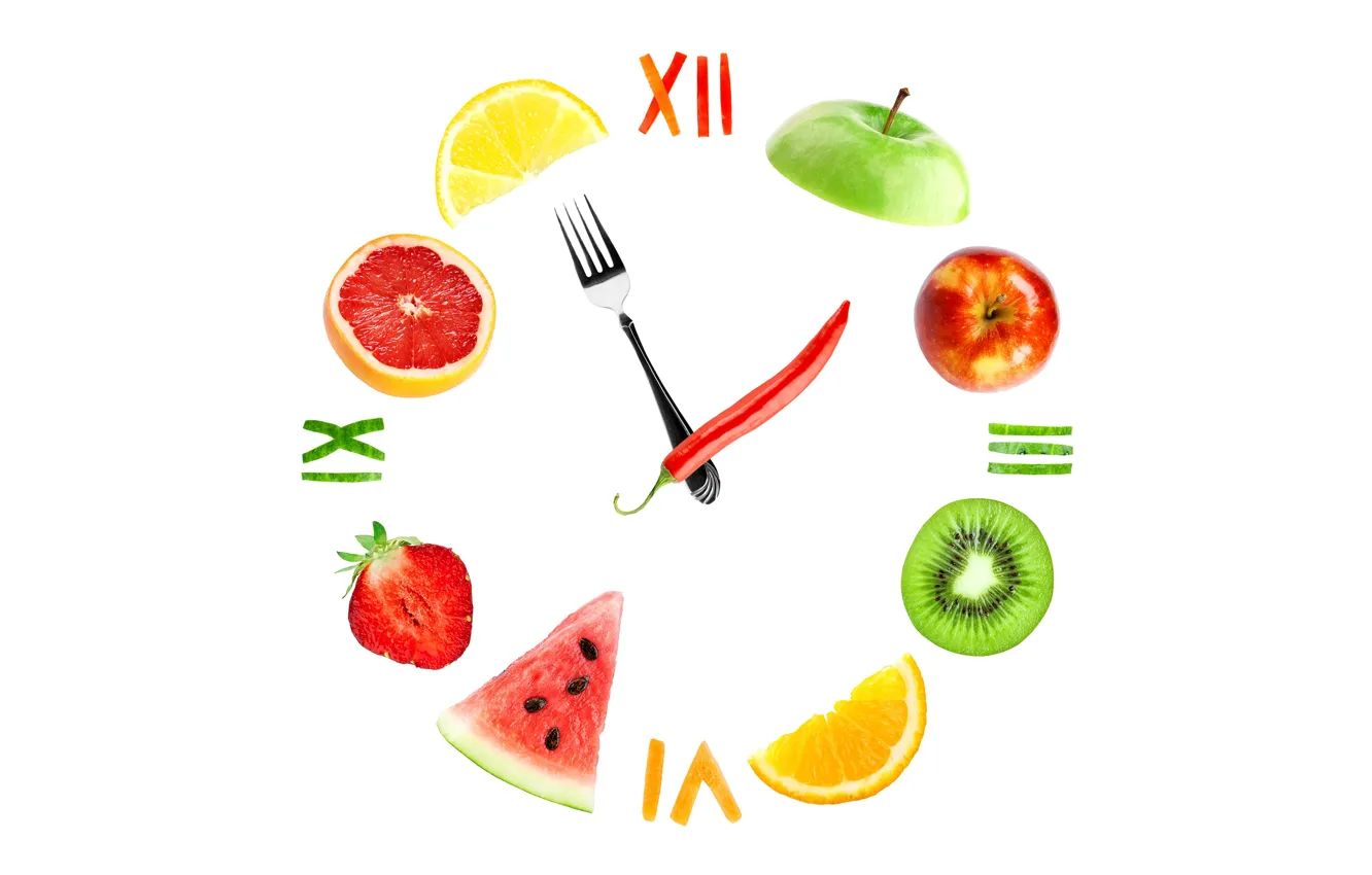 Photo wallpaper creative, arrows, lemon, apples, watch, orange, watermelon, kiwi