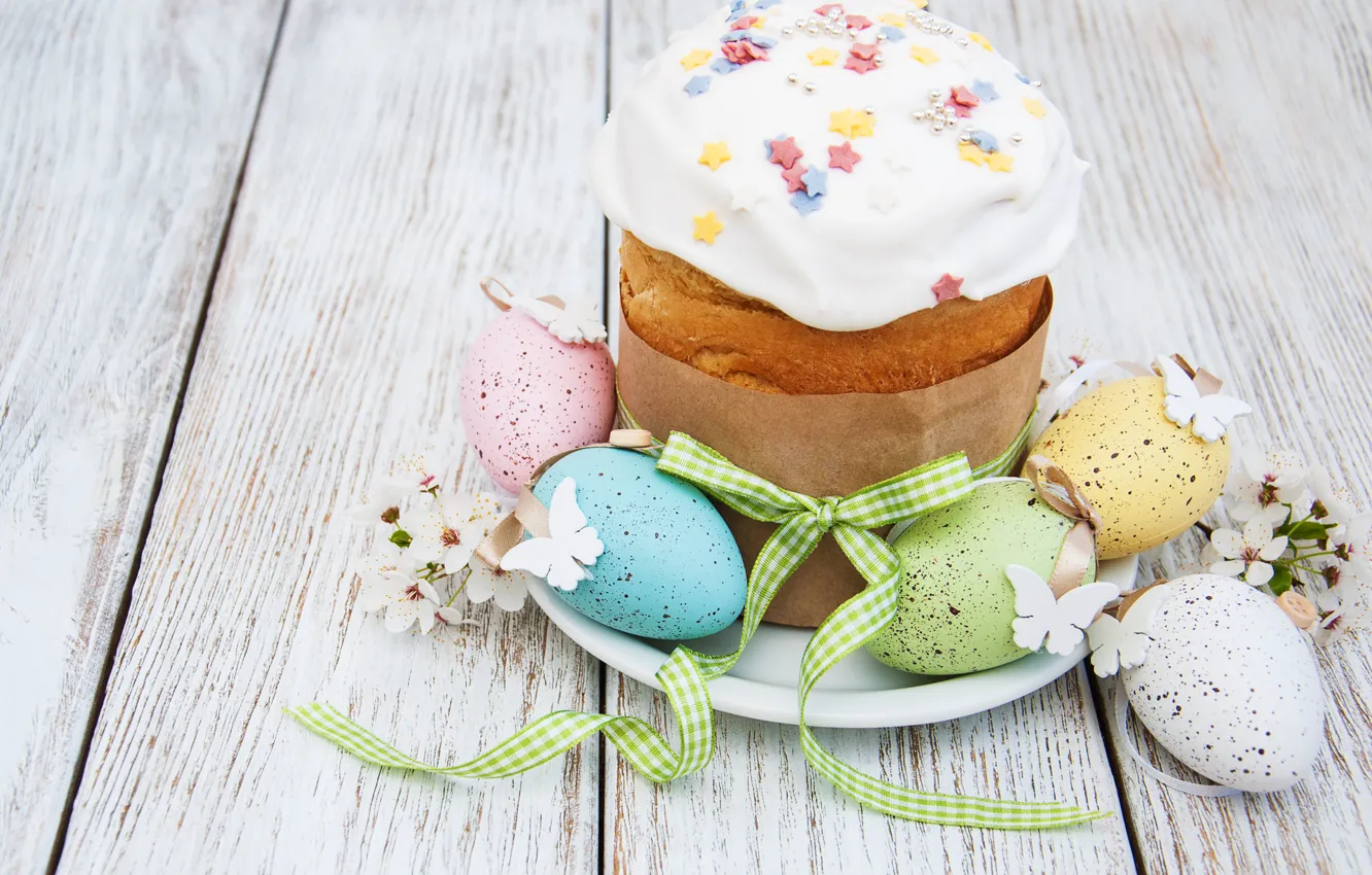 Photo wallpaper flowers, eggs, spring, colorful, Easter, cake, cake, wood