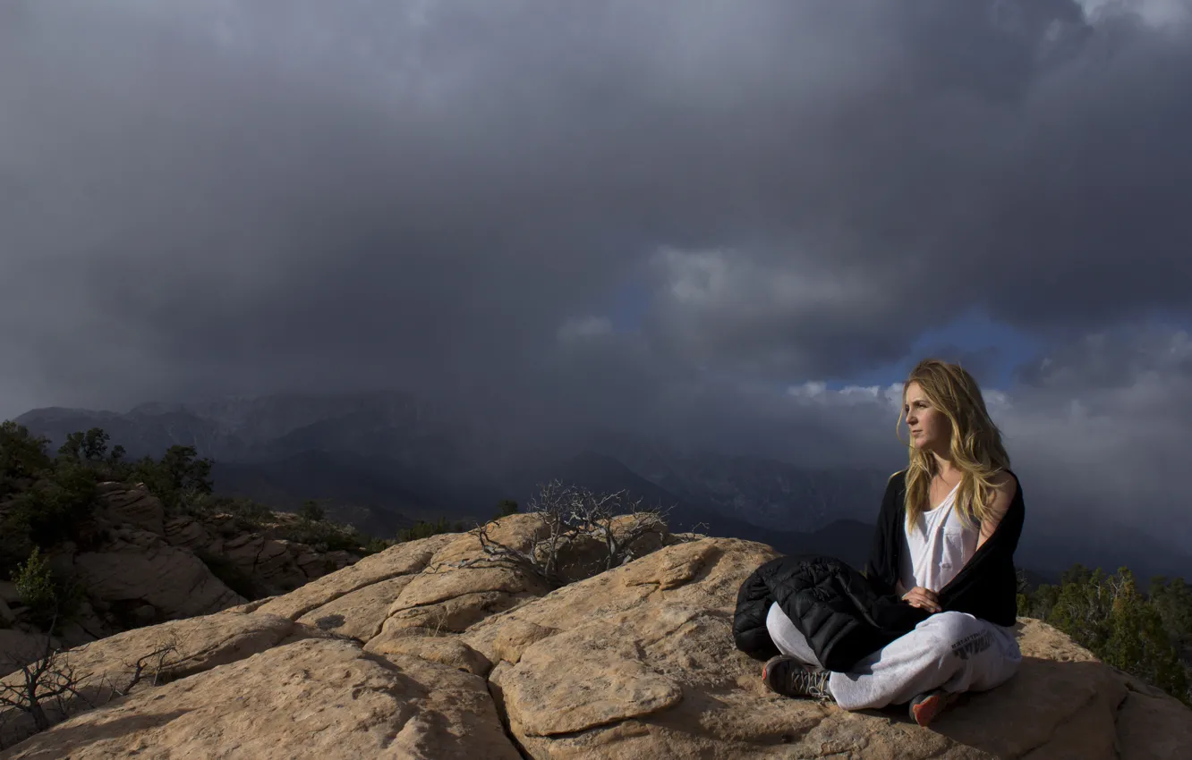 Photo wallpaper girl, mountains, clouds, pose, vegetation