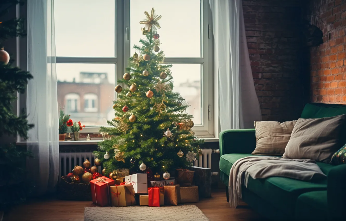 Photo wallpaper decoration, room, balls, tree, new year, home, interior, Christmas