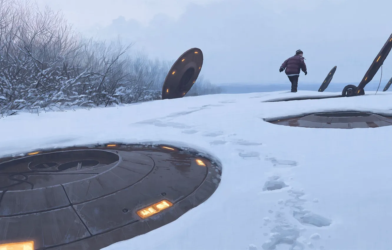 Photo wallpaper winter, snow, people, object, underground facility exhaust vent