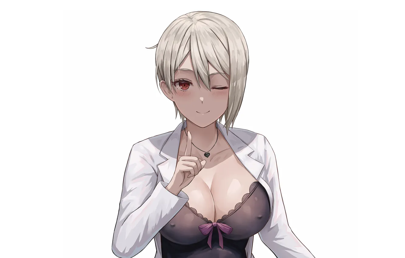 Photo wallpaper girl, sexy, cleavage, blouse, boobs, anime, beautiful, red eyes