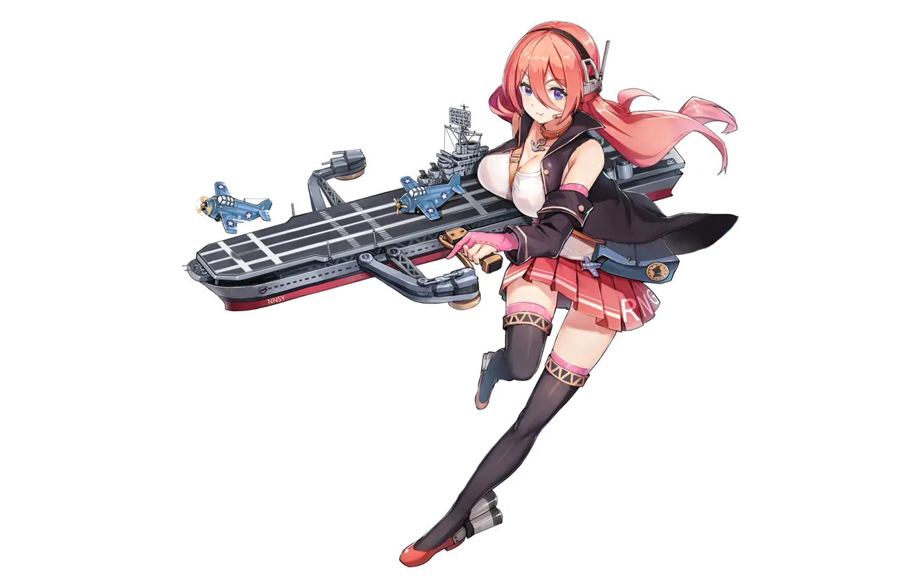 Photo wallpaper girl, sexy, cleavage, blouse, thighhighs, long hair, boobs, anime