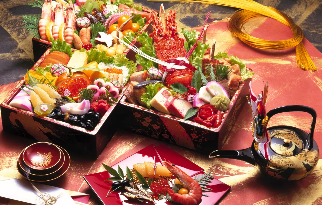 Photo wallpaper fish, kettle, vegetables, shrimp, seafood, cuts