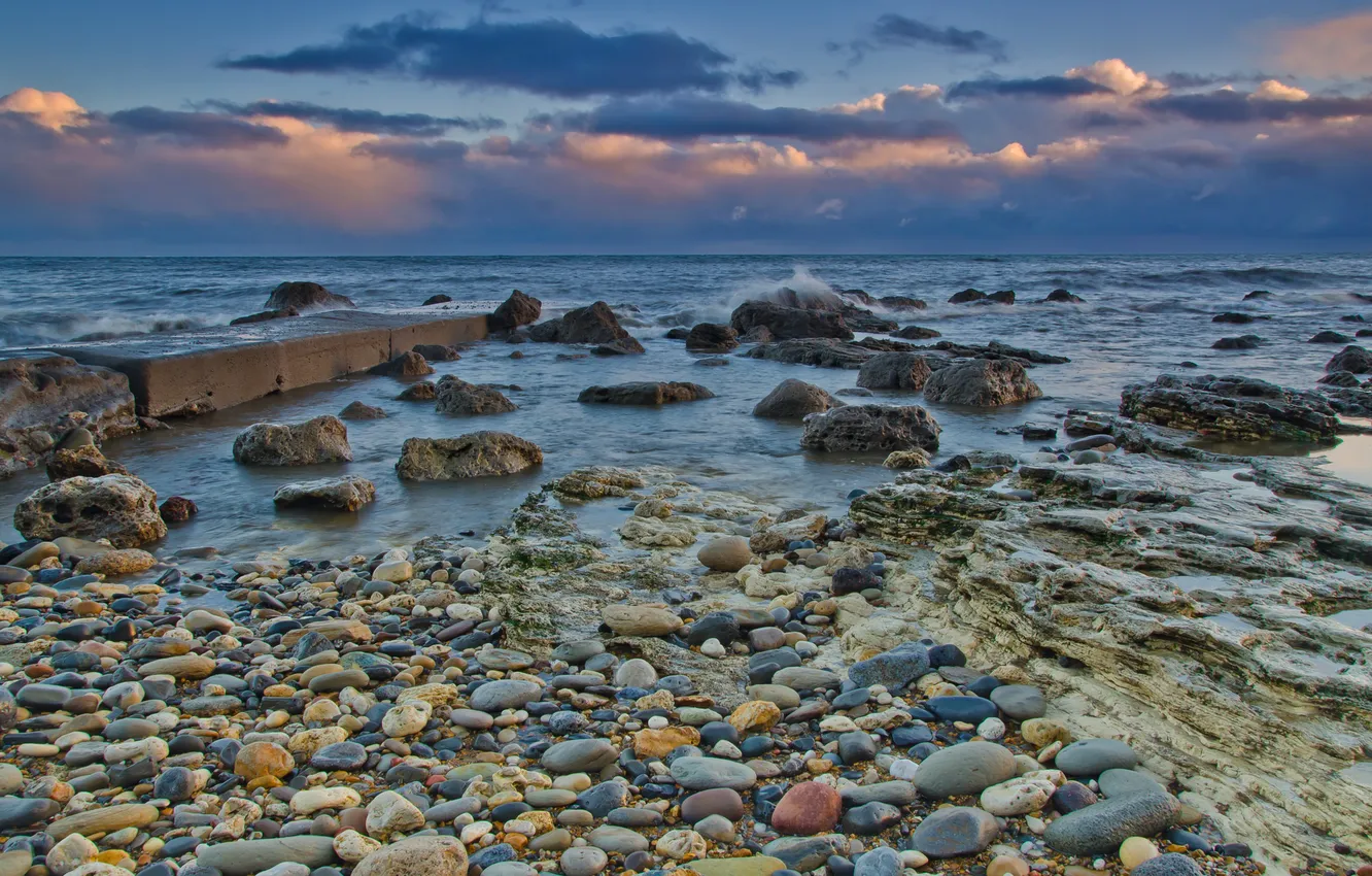 Photo wallpaper sea, the sky, clouds, sunset, stones, pierce, pebbles