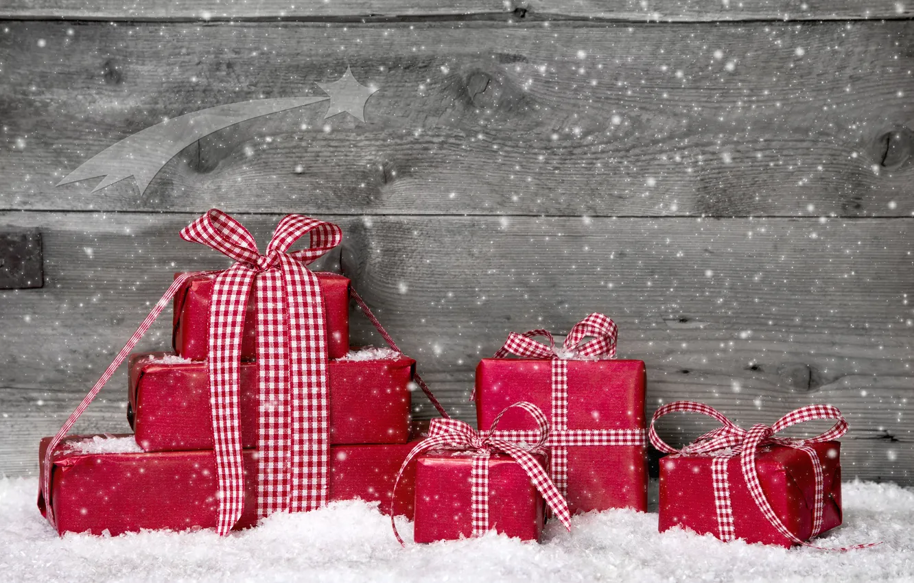Photo wallpaper winter, snow, tape, gifts, red, Christmas, holidays, box
