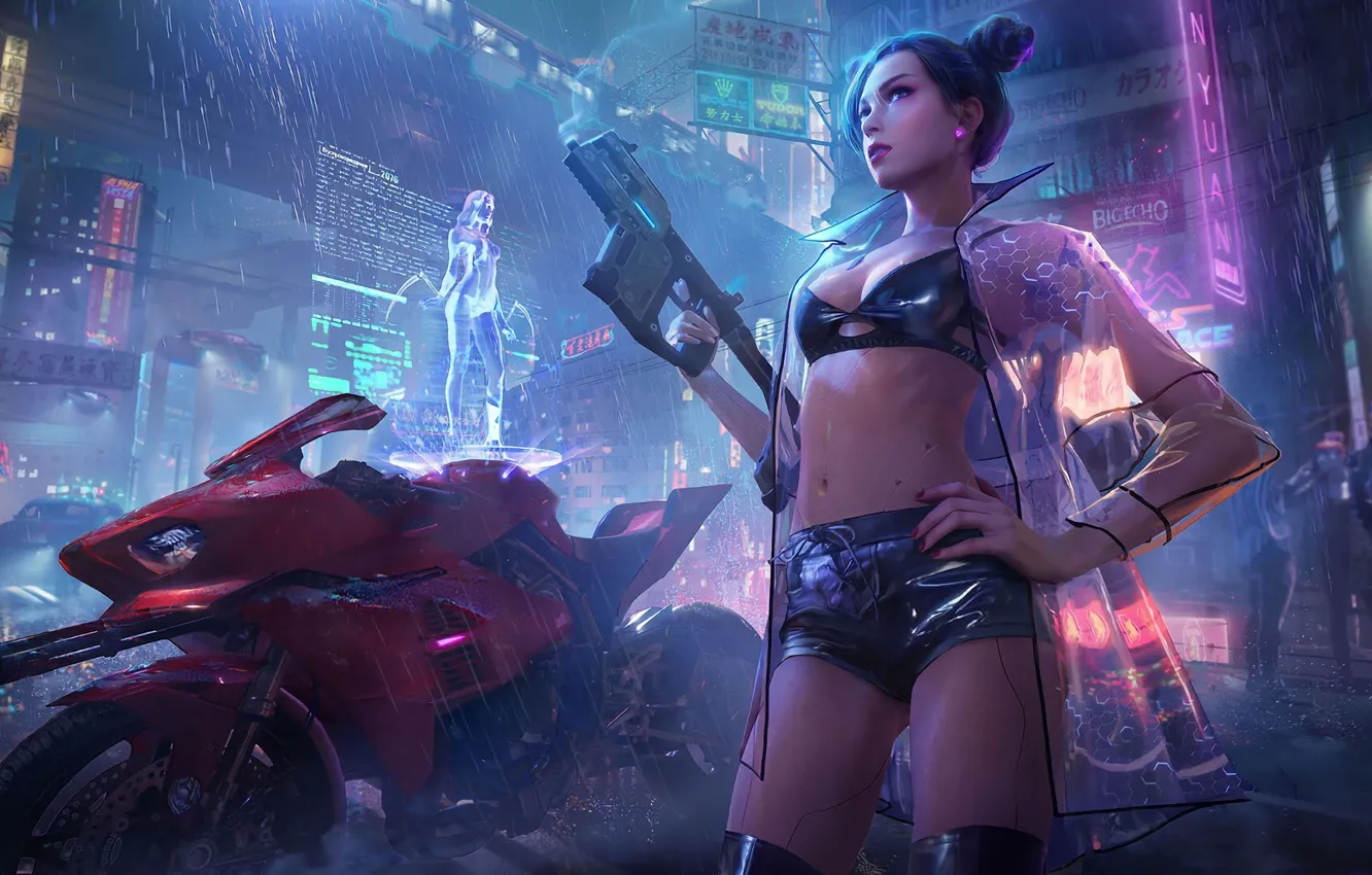Photo wallpaper future, the game, shorts, technology, game, rain, bike, sexy girl