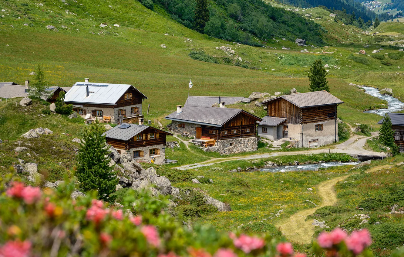 Photo wallpaper mountains, nature, home, Switzerland, valley, Dischmatal