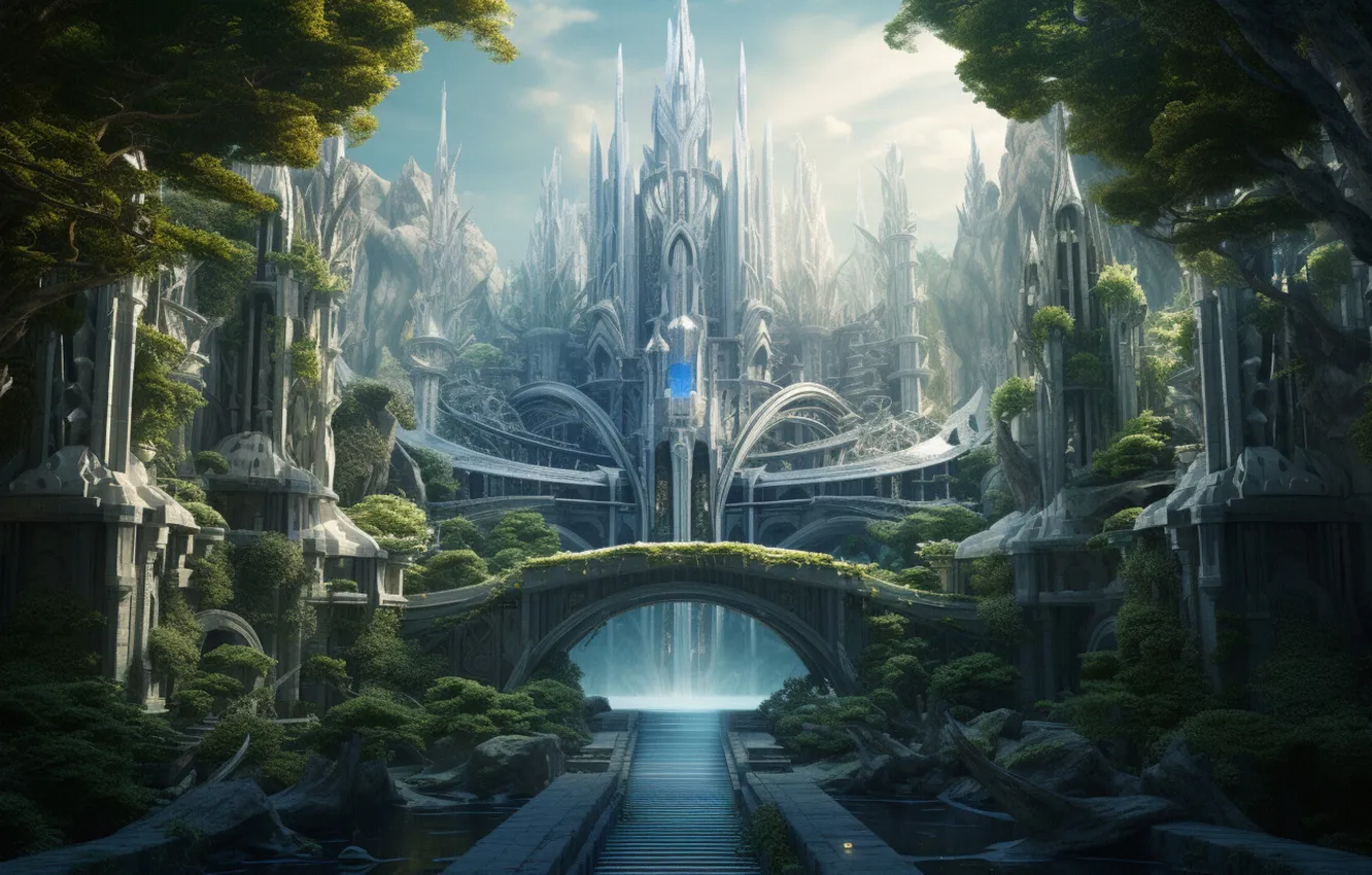 Photo wallpaper bridge, castle, tower, fantasy, stage, architecture, Fantastic, magic