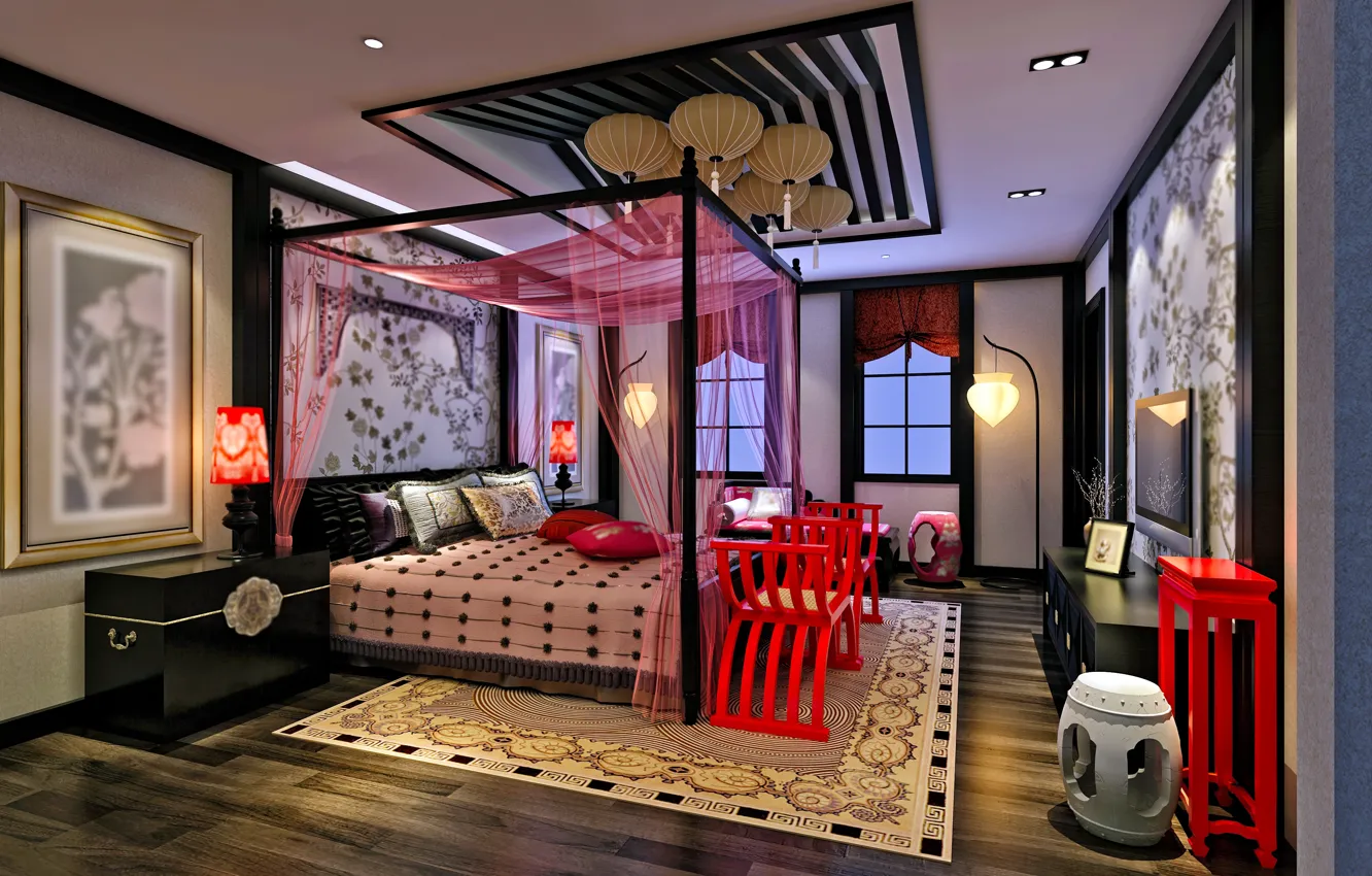 Photo wallpaper design, style, carpet, bed, interior, the ceiling, bedroom