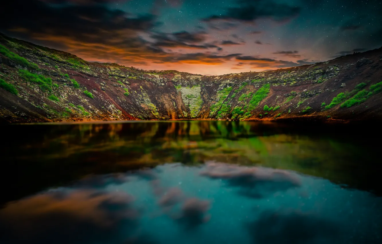 Photo wallpaper the sky, stars, mountains, reflection, the evening, twilight, Iceland, pond
