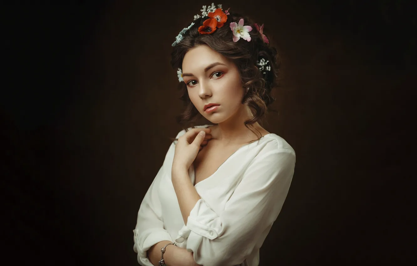 Photo wallpaper look, flowers, pose, background, model, portrait, hands, makeup