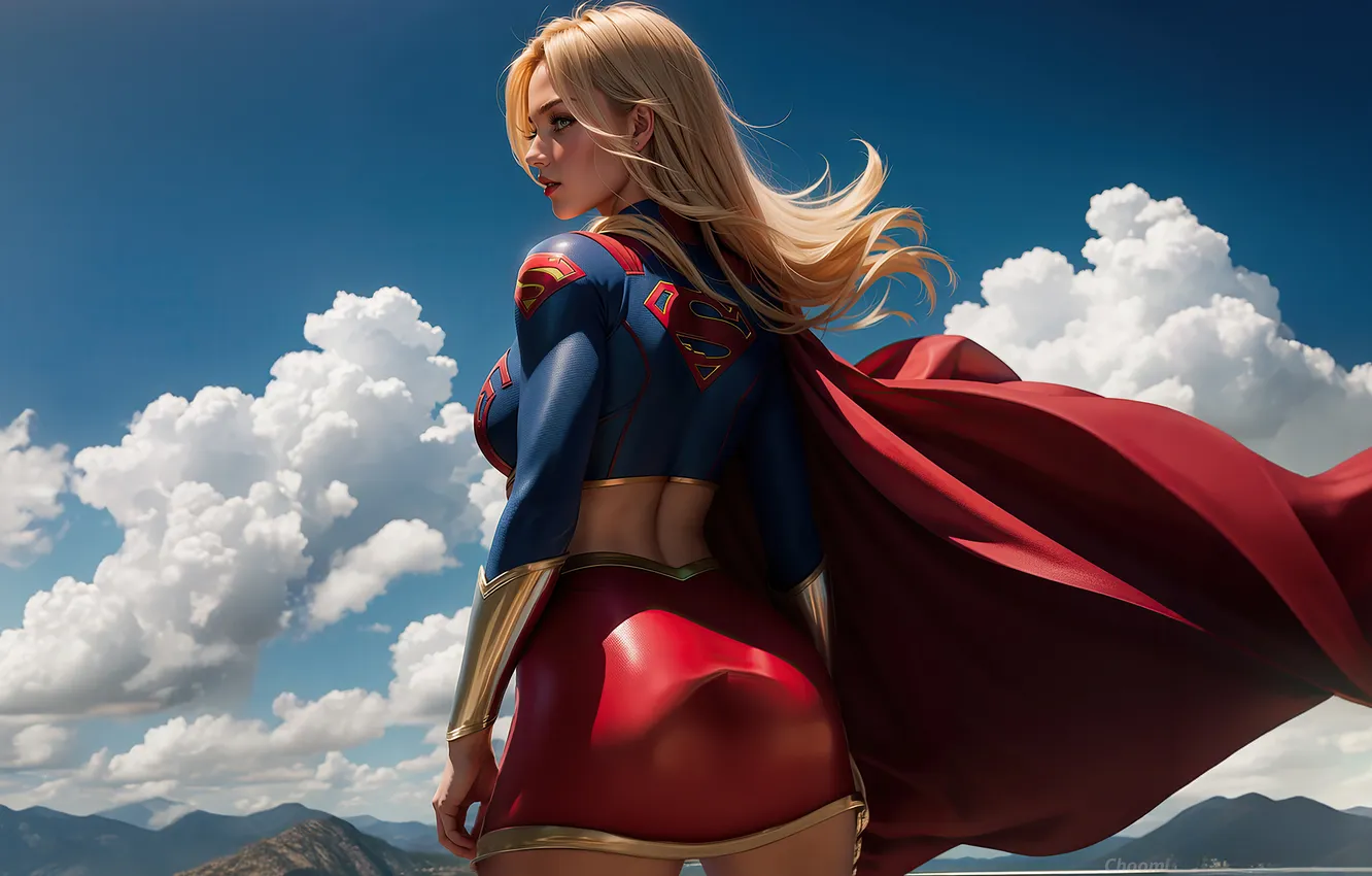 Photo wallpaper clouds, skirt, cloak, beautiful girl, clouds, beautiful girl, blue sky, super hero