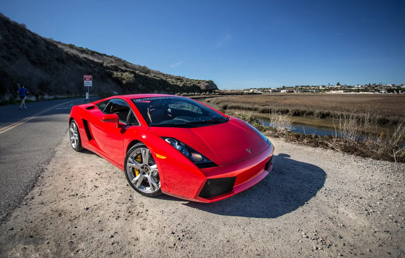 Photo wallpaper road, red, markup, shadow, red, gallardo, lamborghini, front view