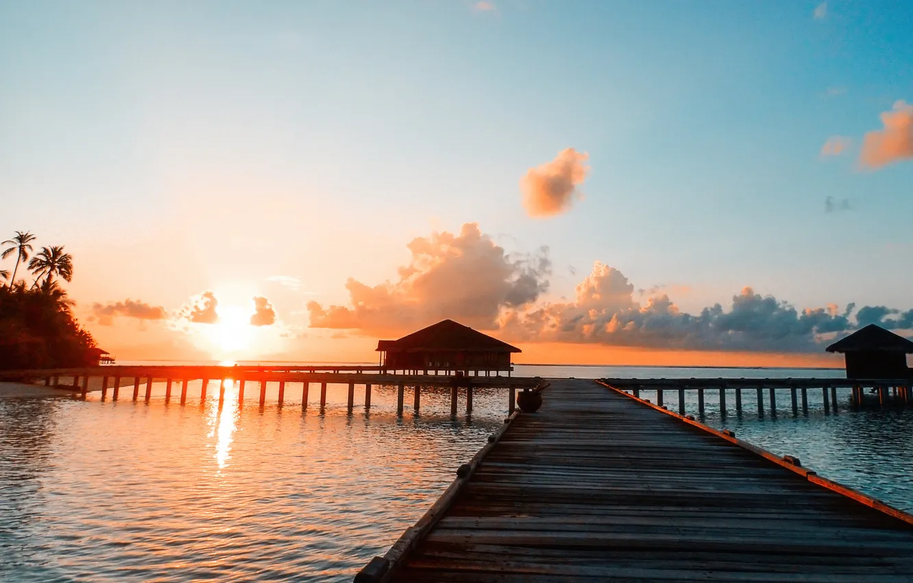 Photo wallpaper landscape, sunset, the ocean, The Maldives, the hotel, resort, ocean, sunset