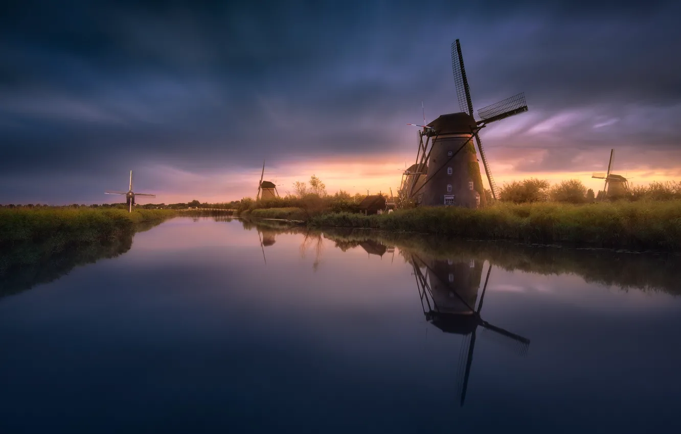 Photo wallpaper water, light, the evening, channel, Netherlands, windmills