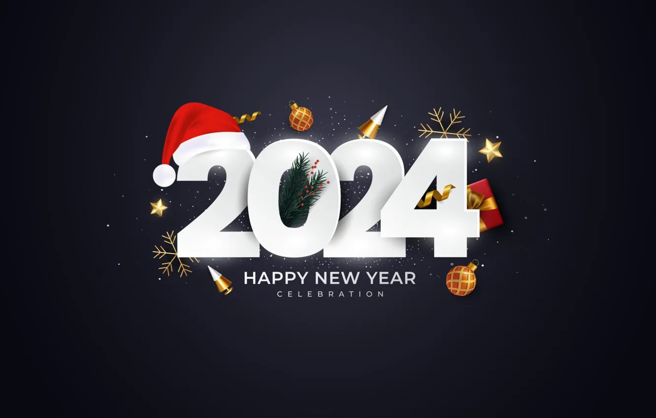 Photo wallpaper the Santa hat, herringbone, balls, the dark background, figures, date, gift, New Year 2024