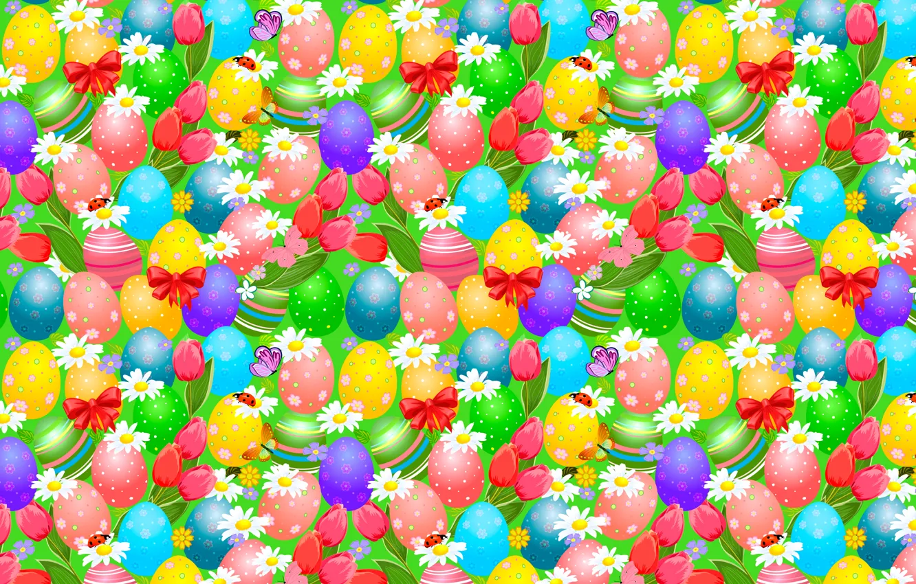 Photo wallpaper butterfly, bright, ladybug, chamomile, eggs, Easter, tulips, bows
