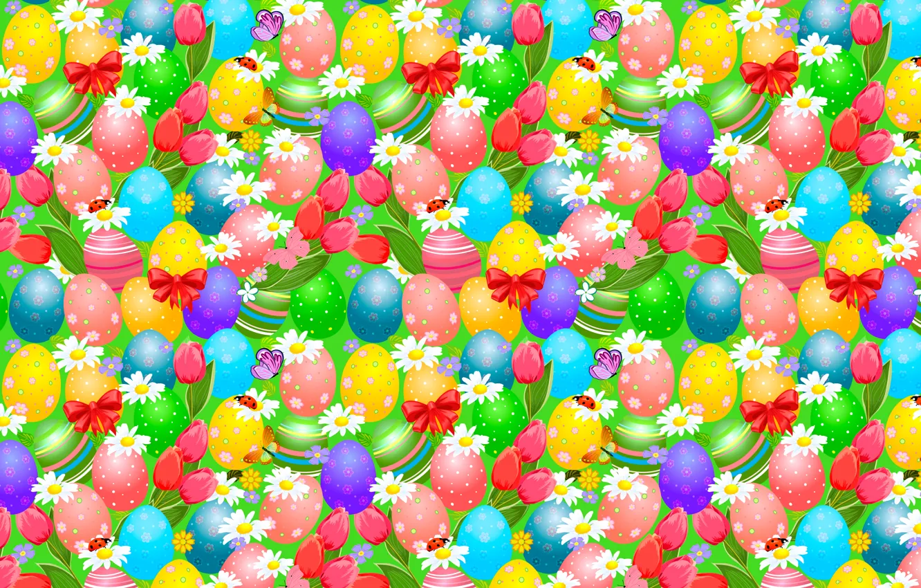 Photo wallpaper butterfly, bright, ladybug, chamomile, eggs, Easter, tulips, bow