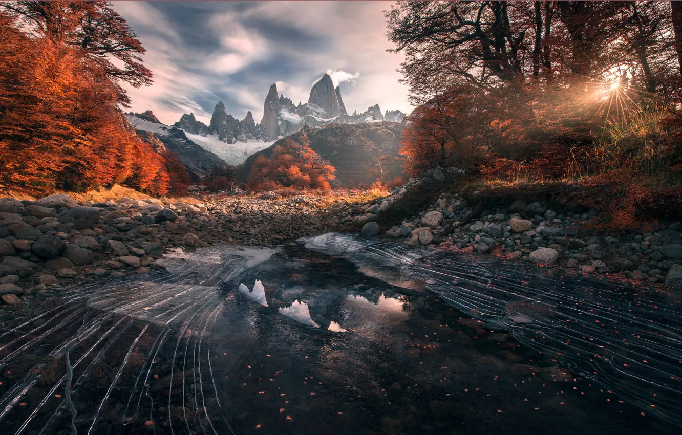 Photo wallpaper autumn, reflection, mountains, Patagonia