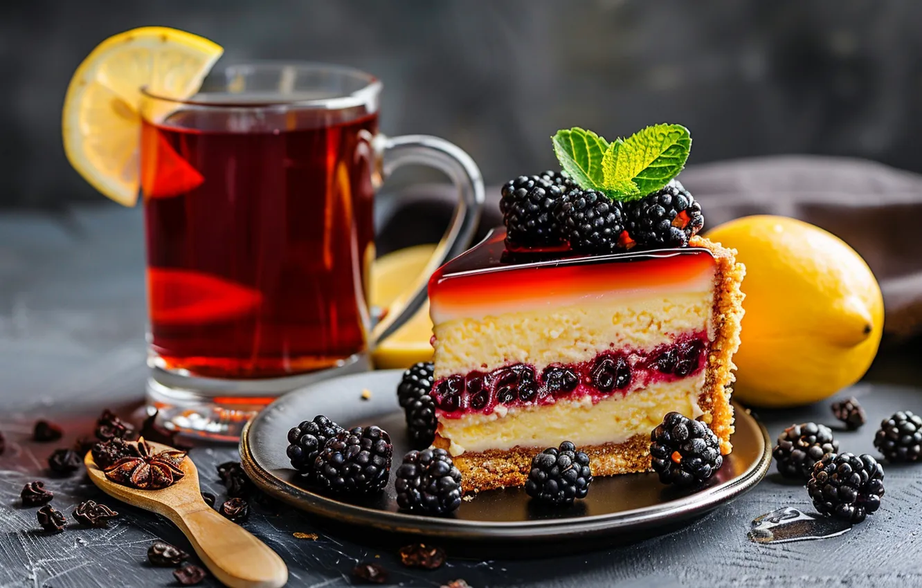 Photo wallpaper berries, lemon, tea, cake, dessert, spices, the slice
