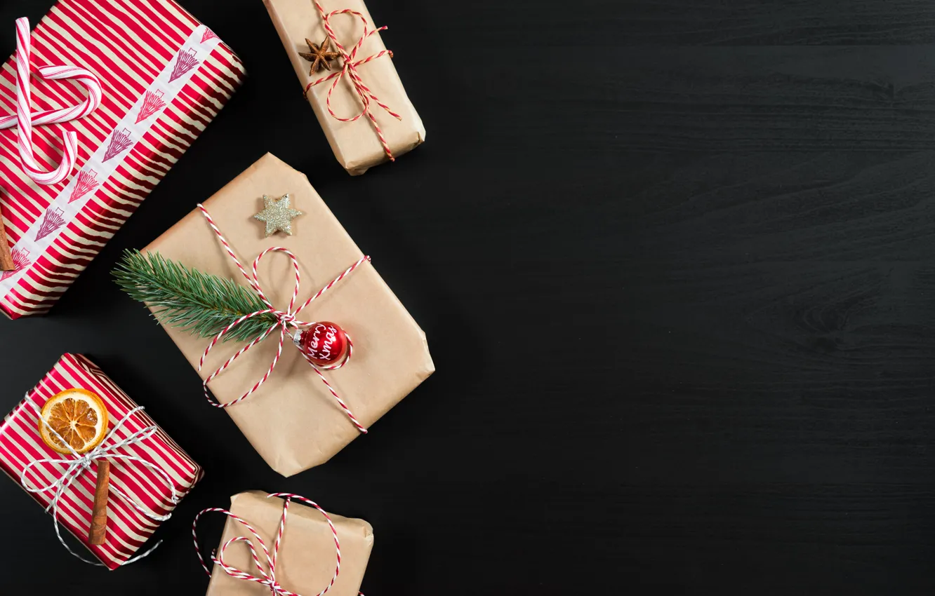 Photo wallpaper balls, branches, holiday, gift, balls, lollipops, cinnamon