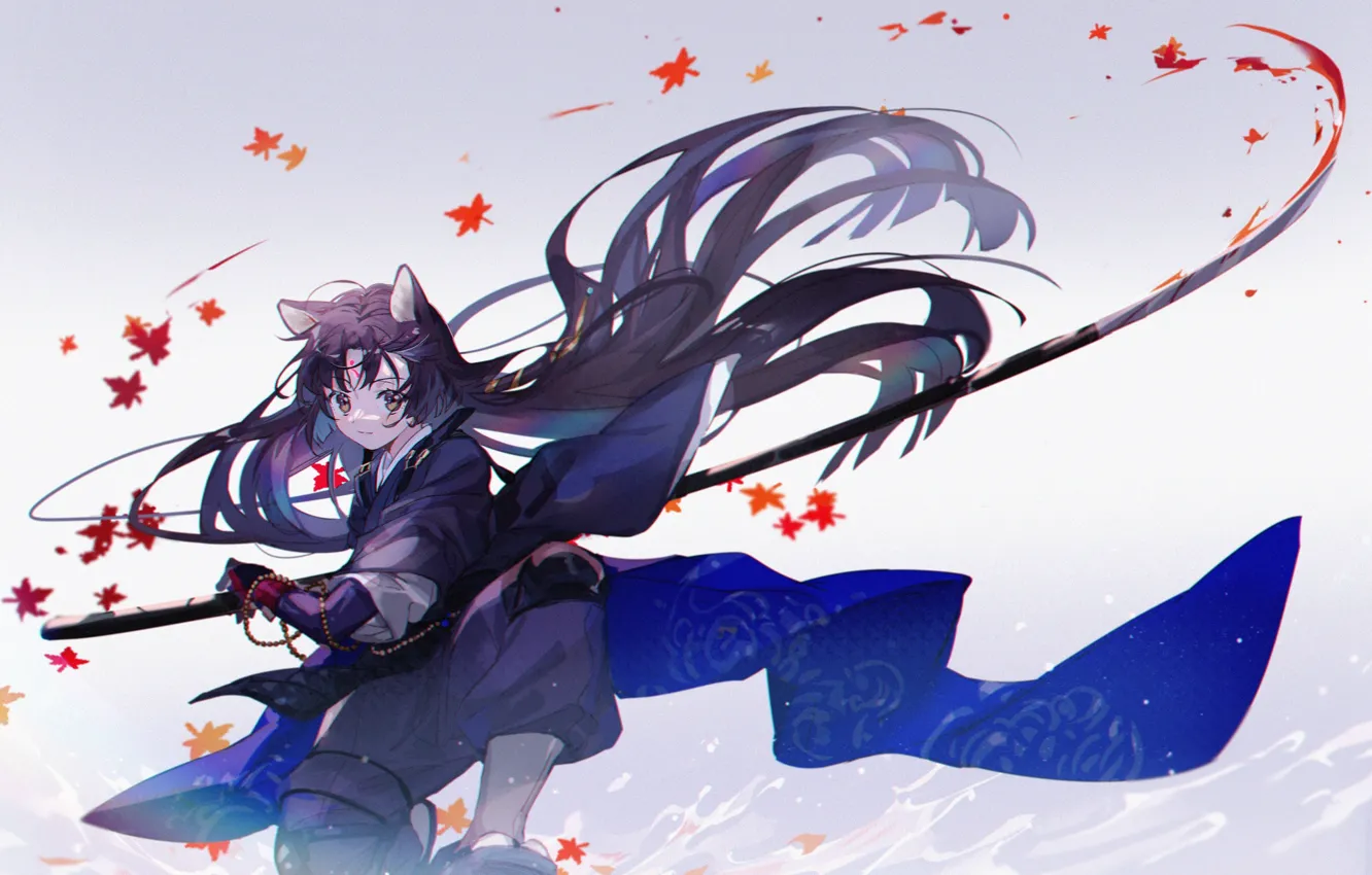 Photo wallpaper leaves, girl, sword, ears, Saga, Arknights