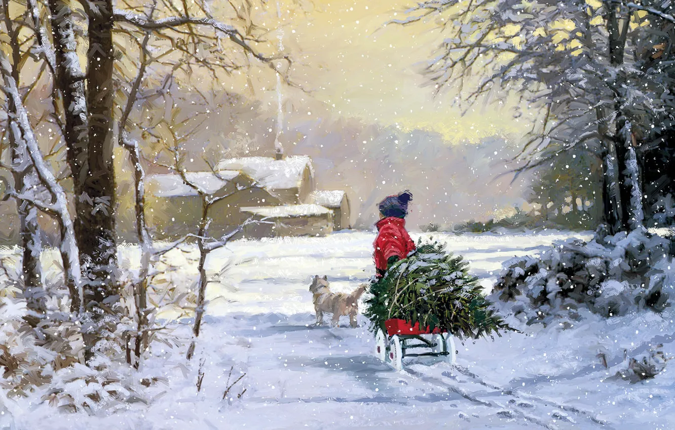 Photo wallpaper winter, tree, child, dog