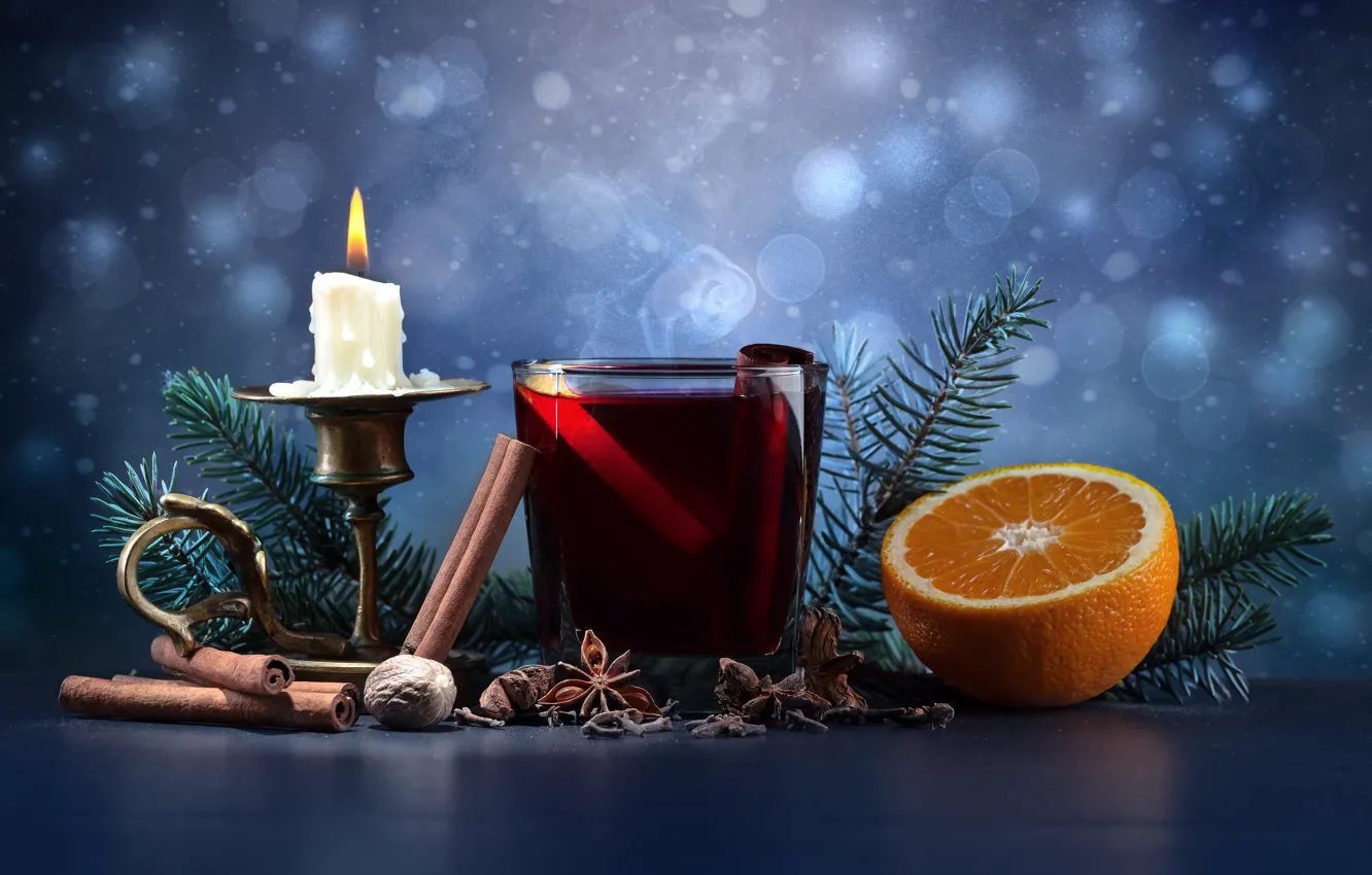 Photo wallpaper glass, holiday, orange, candles, New Year, drink, nuts, cinnamon