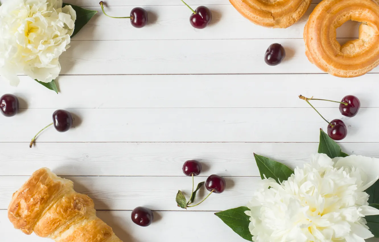 Photo wallpaper flowers, berries, white, cherry, cakes, cakes, peonies, cherry