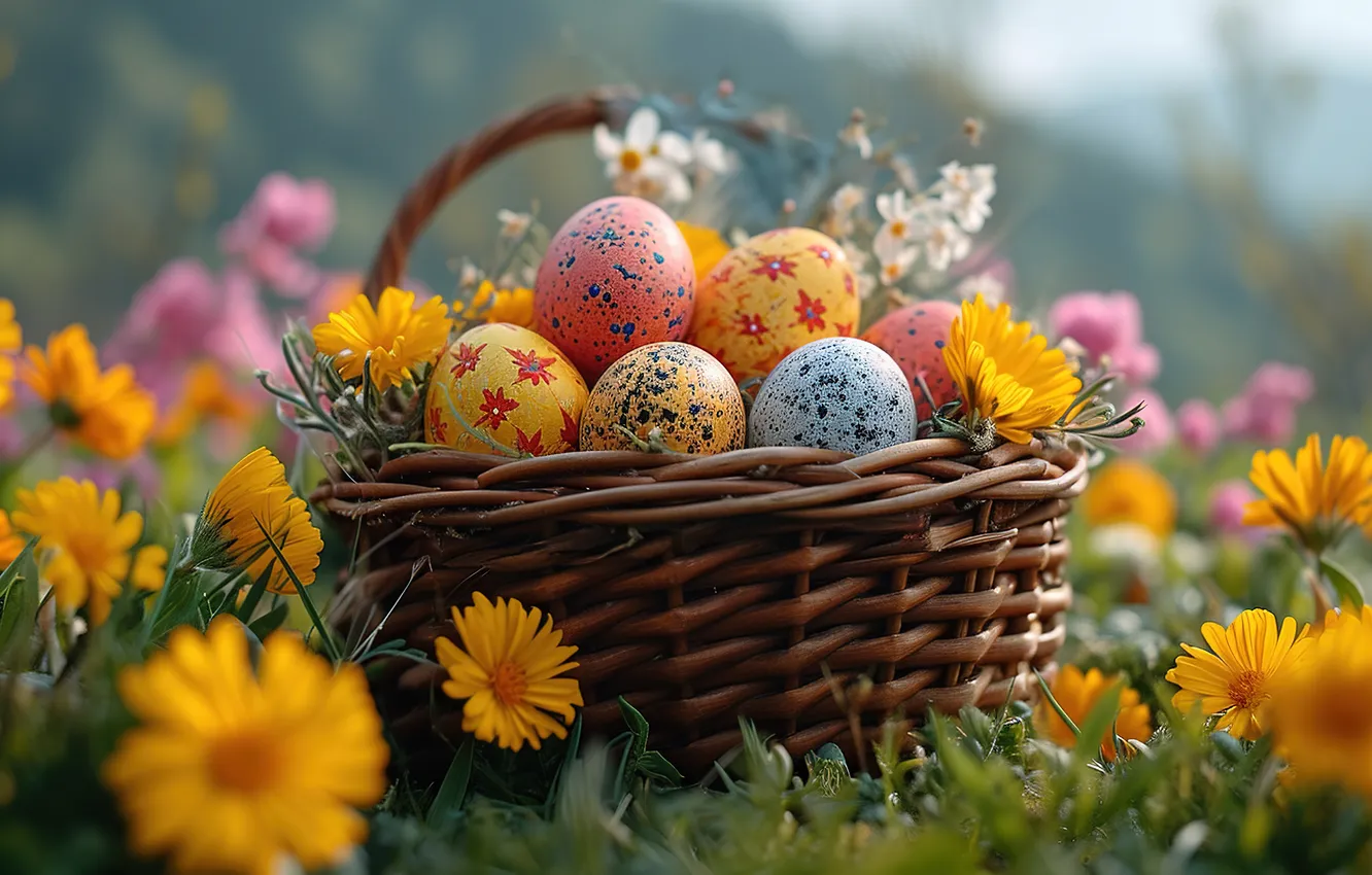 Photo wallpaper flowers, eggs, spring, colorful, Easter, flowers, spring, Easter