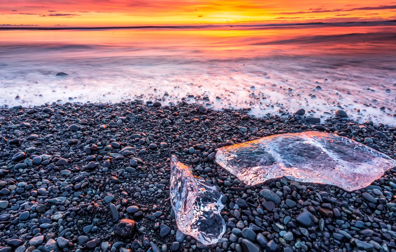 Photo wallpaper ice, winter, sea, wave, the sky, foam, clouds, light