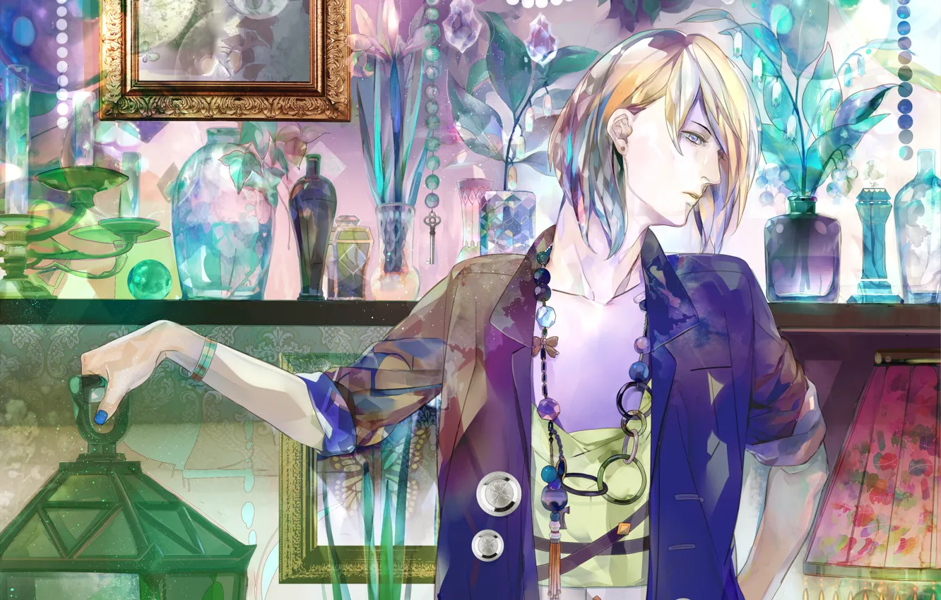 Photo wallpaper flowers, anime, lights, vase, guy, saiga tokihito