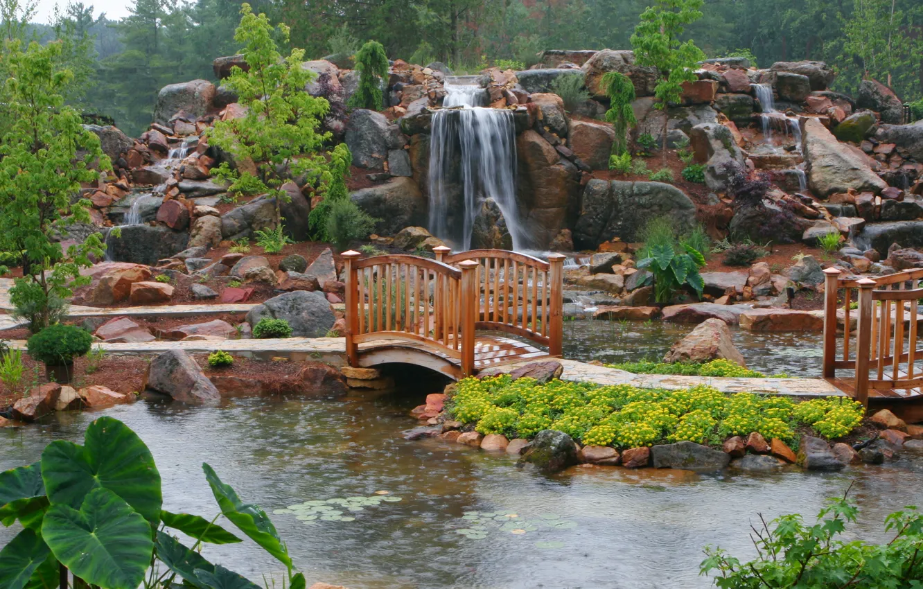 Photo wallpaper bridge, garden, spring, pond, backyard