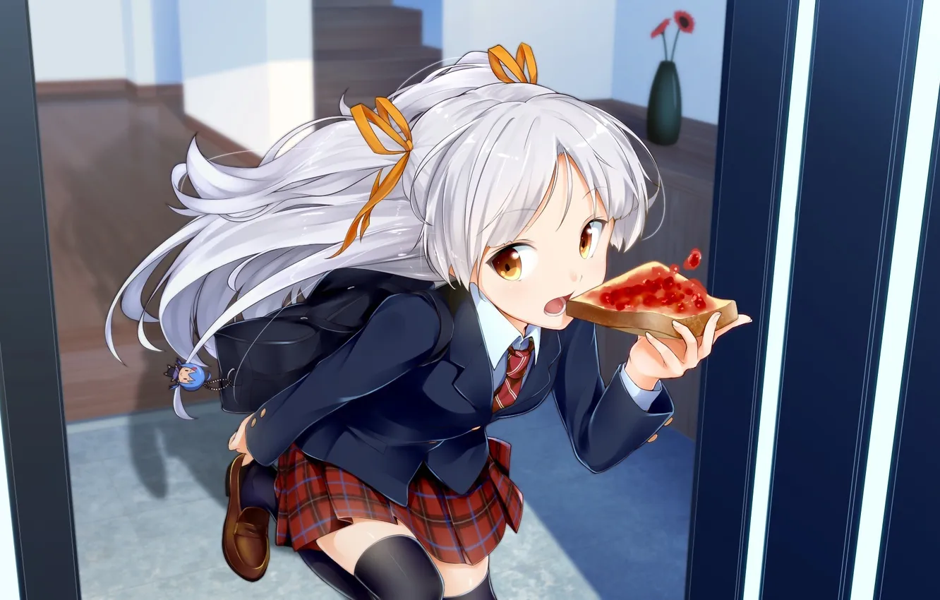 Photo wallpaper girl, running, bread, schoolgirl, art, jam, ninnzinn