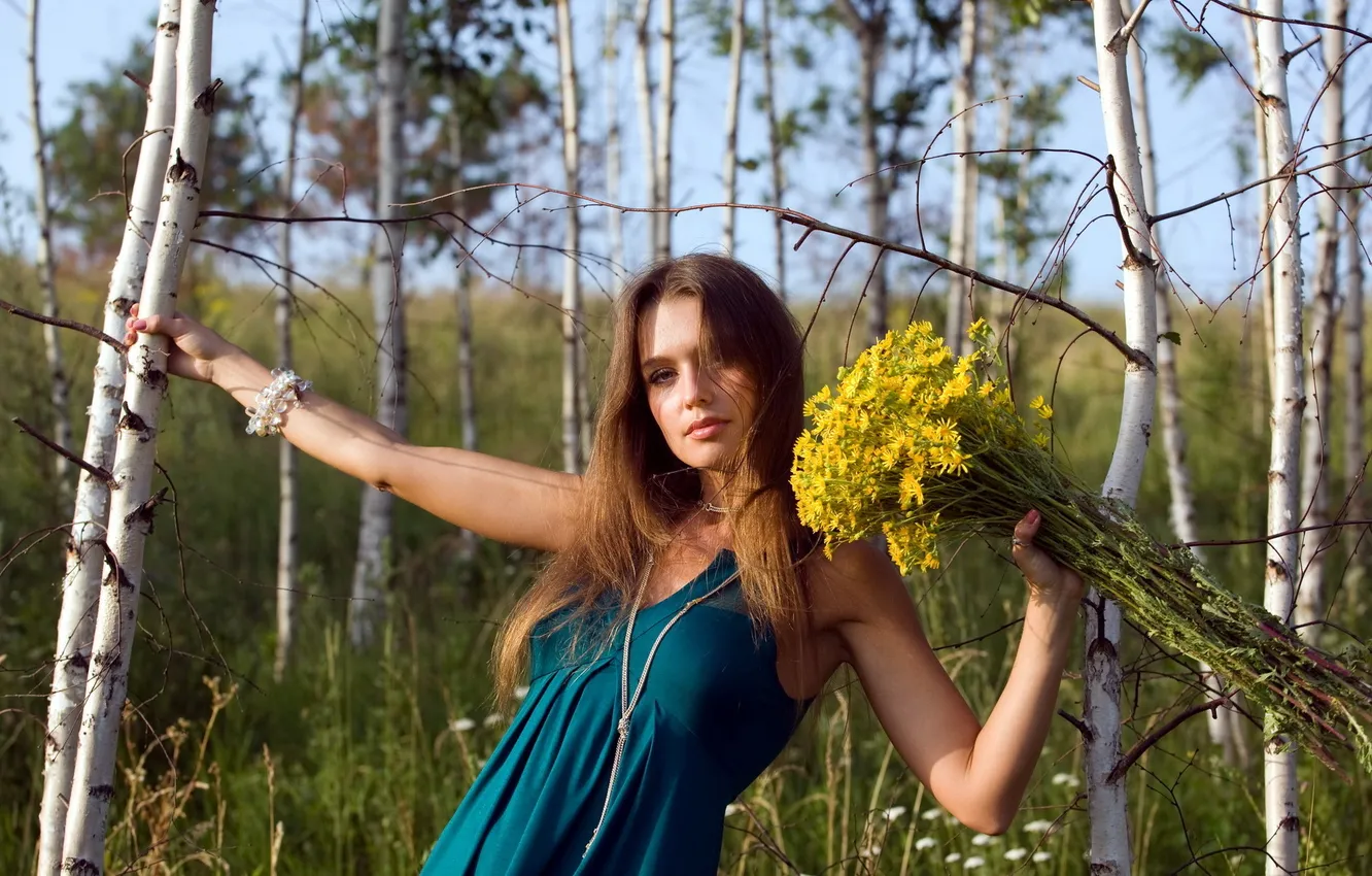 Photo wallpaper summer, girl, flowers, birch