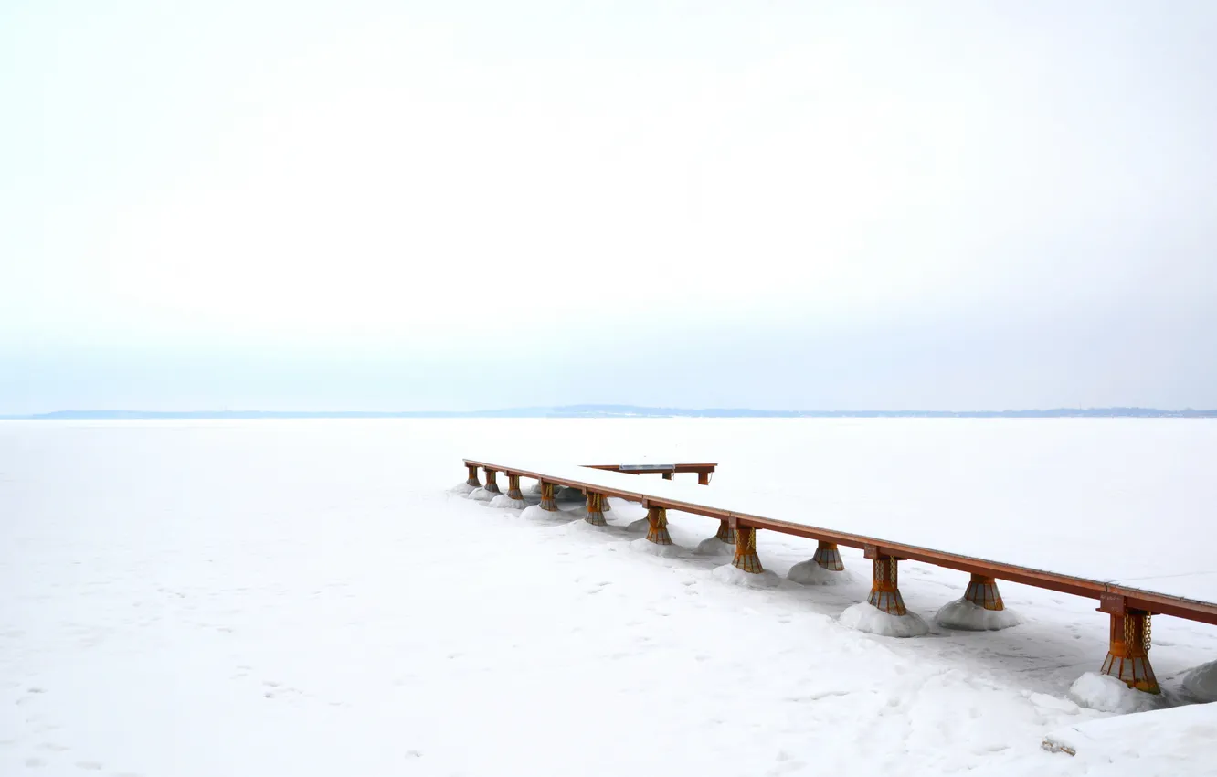 Photo wallpaper white, lake, snow, frozen, pier
